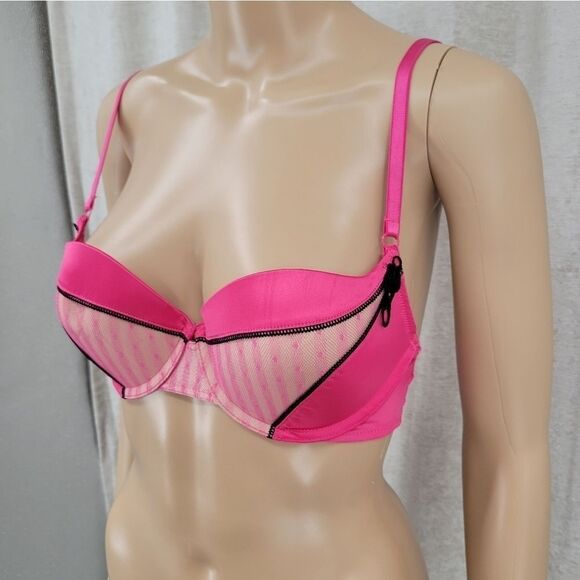 JEZEBEL Y2K Hot Pink Padded Underwire Bra 34C Faux Zipper Cups - Picture 2 of 12